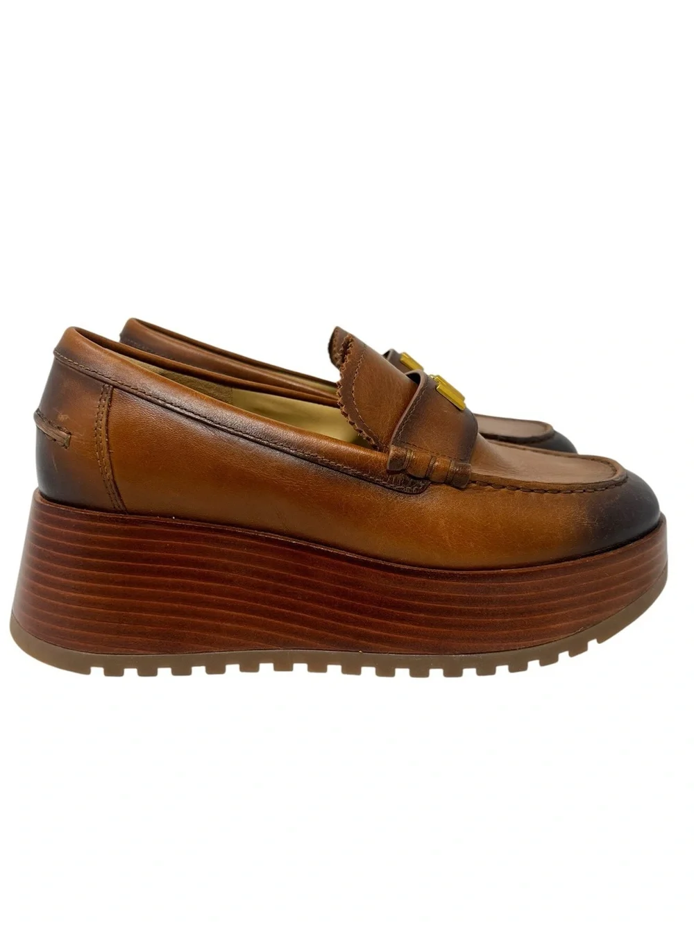 Michael Kors Brown Leather Platform Loafers with Gold MK Accent